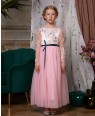 粉色蕾丝蓝色小花细节长袖礼服裙连衣裙