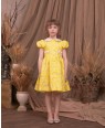 柠檬黄小盖袖白色小圆领连衣裙礼服裙