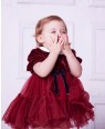 酒红色娃娃领婴儿网纱公主裙礼服裙