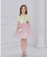 黄色缎面粉色网纱钉珠短袖连衣裙公主裙