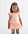 粉橘色小盖袖花朵细节婴儿礼服裙公主裙