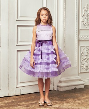 紫色网纱花边钉珠无袖礼服裙公主裙