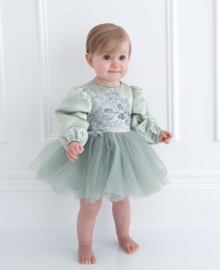 薄荷绿缎面长袖蕾丝细节婴儿礼服裙公主裙