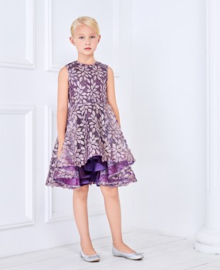 紫色金闪羽毛蕾丝公主短裙礼服裙