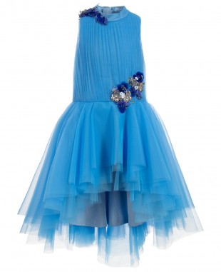蓝色网纱长裙无袖婚礼花童裙