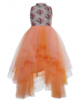 橙色贝壳层叠式薄纱连衣裙无袖长裙