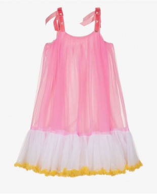 粉色蝴蝶结吊带网纱拼接婴儿连衣裙礼服裙