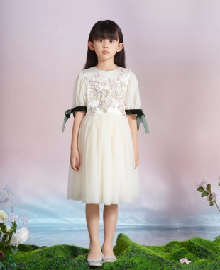 天使白粉色蕾丝细节网纱公主短裙连衣裙