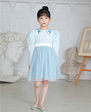 婴儿蓝提花泡泡长袖爱心钉珠网纱公主裙礼服裙