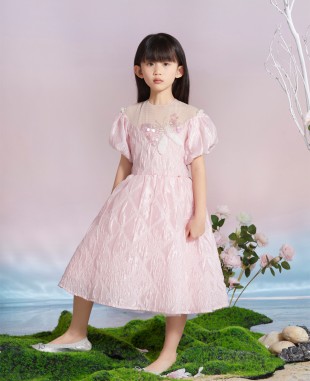 粉色提花蝴蝶钉珠细节公主短裙礼服裙
