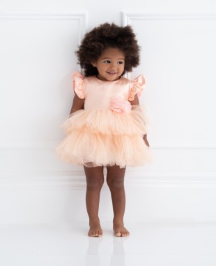 橘粉色花朵细节小飞袖婴儿礼服裙公主裙
