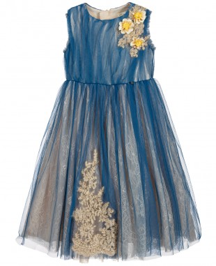 蓝色蕾丝薄纱裙正式礼服