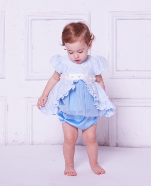 婴儿蓝提花网纱婴儿公主裙礼服裙