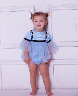 婴儿蓝缎面网纱长袖婴儿公主裙礼服裙