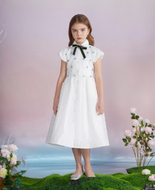 白色花朵提花小盖袖连衣裙公主裙