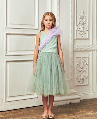 薄荷灰绿色网纱紫色网纱细节无袖公主裙礼服裙