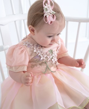 婴儿款粉色欧根纱蕾丝细节公主裙连衣裙