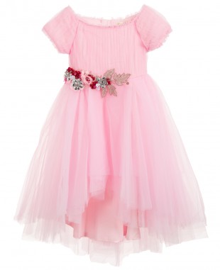 花朵钉珠粉色网纱裙无袖优雅婚礼花童裙