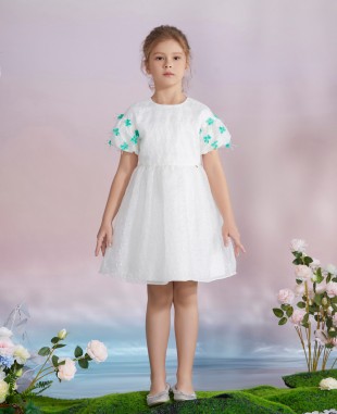 白色花朵提花绿色钉珠细节泡泡袖连衣裙公主裙