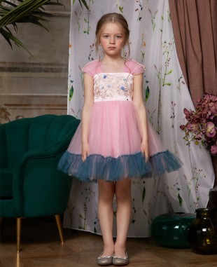 粉色撞色蓝绿色蕾丝公主裙礼服裙
