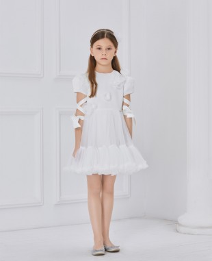 白色缎面绑带网纱短款连衣裙公主裙