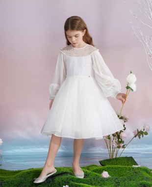 白色花朵提花网纱长袖公主裙礼服裙