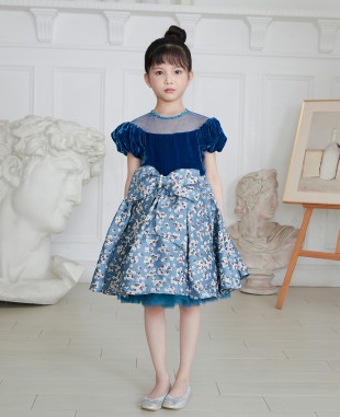 蓝色金丝绒花朵提花礼服短裙连衣裙