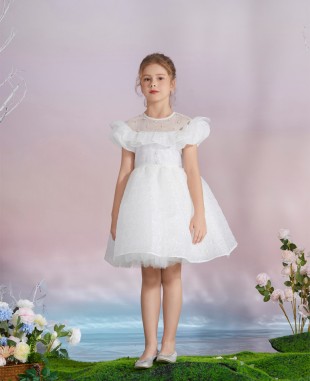 白色花朵提花泡泡袖网纱公主短裙礼服裙
