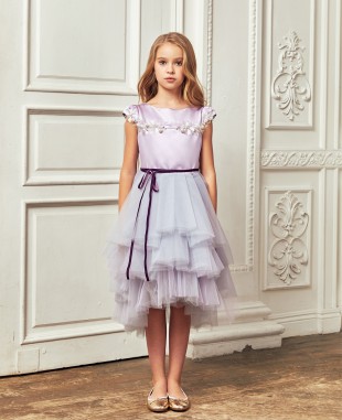 淡紫色缎面钉珠细节多层网纱裙礼服裙