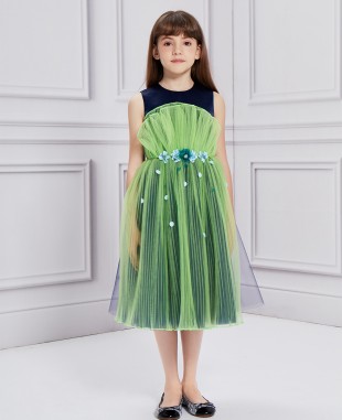 午夜蓝配亮绿色扇形网纱钉珠连衣裙公主裙