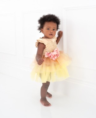 金色蕾丝粉色花朵网纱裙婴儿礼服裙