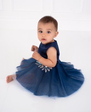 深蓝色蕾丝花网纱裙婴儿公主裙