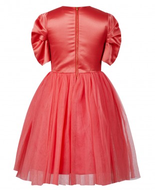 红色缎面网纱钉珠短袖连衣裙礼服裙