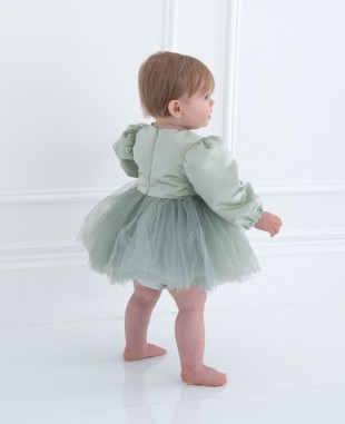 薄荷绿缎面长袖蕾丝细节婴儿礼服裙公主裙