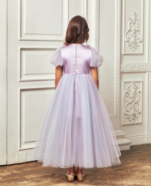 淡紫色泡泡袖钉珠细节多层网纱连衣长裙公主裙