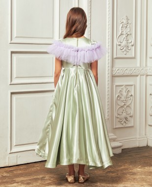 薄荷绿缎面紫色网纱细节大摆长裙公主裙