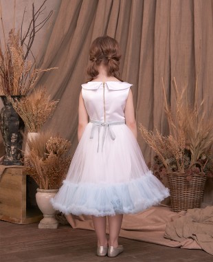 白色拼接婴儿蓝无袖网纱礼服裙公主裙