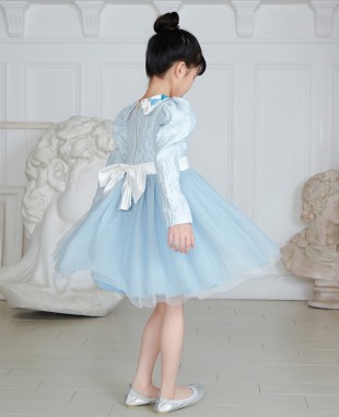 婴儿蓝提花泡泡长袖爱心钉珠网纱公主裙礼服裙