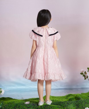 粉色提花深蓝色织带细节钉珠公主短裙礼服裙
