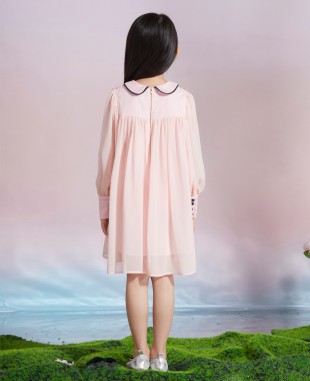 粉色雪纺钉珠细节长袖连衣裙