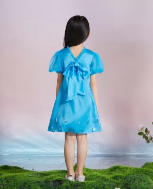 湖蓝色欧根纱网纱泡泡袖钉珠细节连衣裙