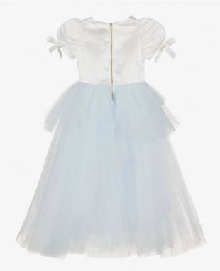 白色和浅蓝色多层网纱粉色蕾丝细节公主裙礼服裙