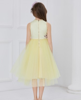 黄色缎面蕾丝刺绣钉珠连衣裙公主裙