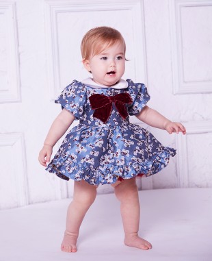 蓝色花朵提花蝴蝶结婴儿公主裙礼服裙