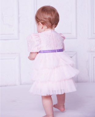 淡粉色提花紫色腰带网纱婴儿连衣裙公主裙