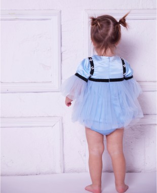 婴儿蓝缎面网纱长袖婴儿公主裙礼服裙