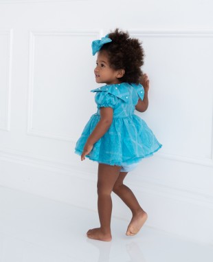 婴儿款湖蓝色提花公主连衣裙礼服裙