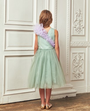薄荷灰绿色网纱紫色网纱细节无袖公主裙礼服裙