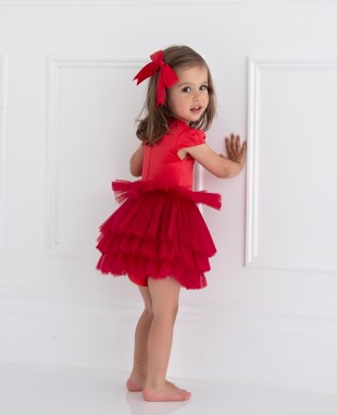 红色缎面网纱球形剪裁婴儿礼服裙公主裙