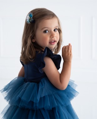 深蓝色缎面薄荷绿蕾丝细节小飞袖婴儿礼服裙公主裙